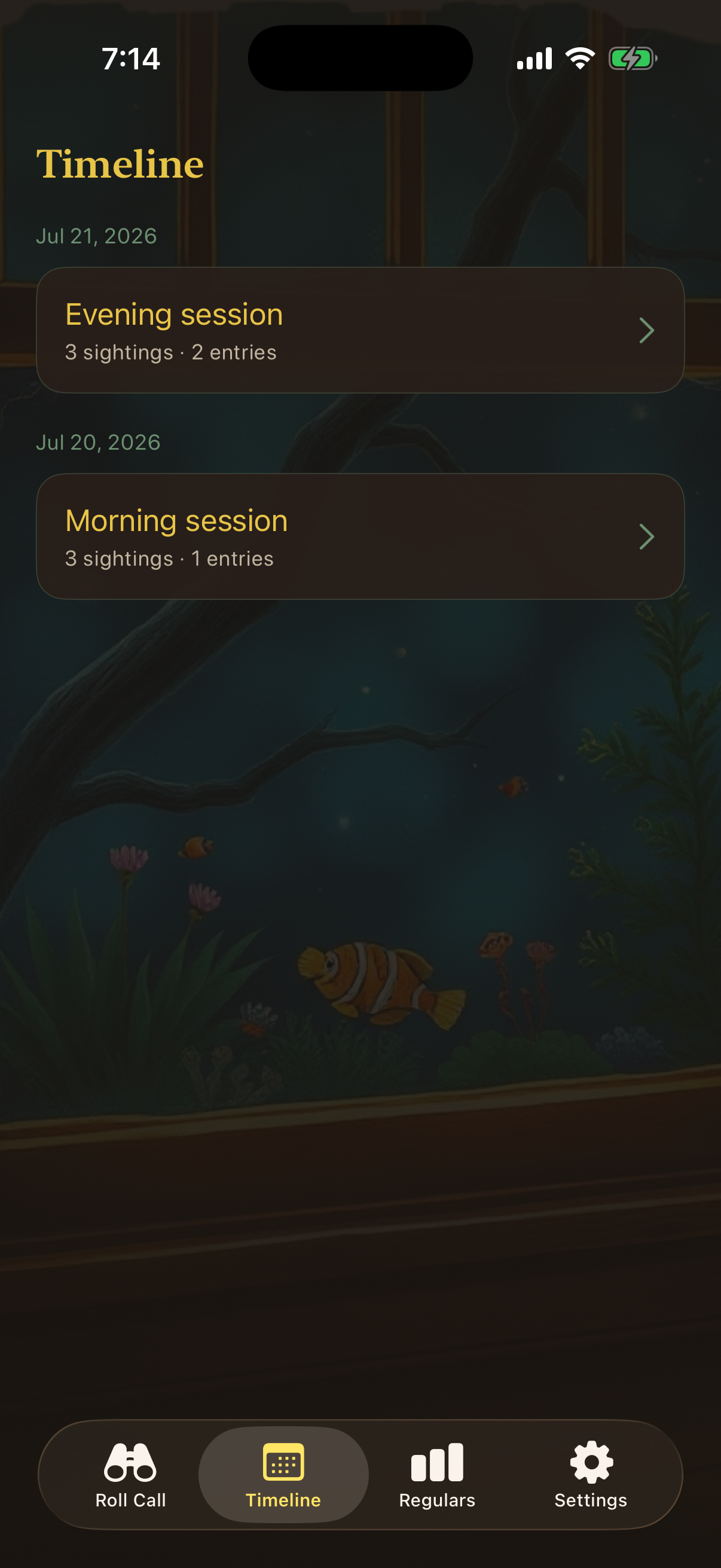 Timeline screen in the app