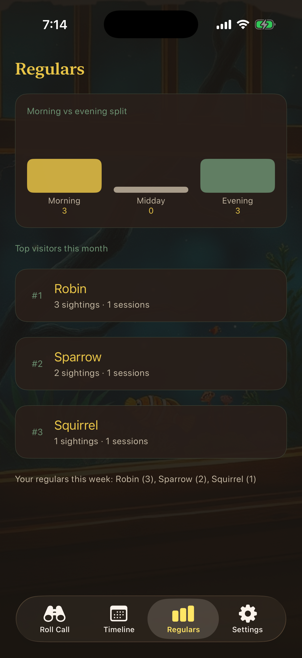 Regulars screen in the app